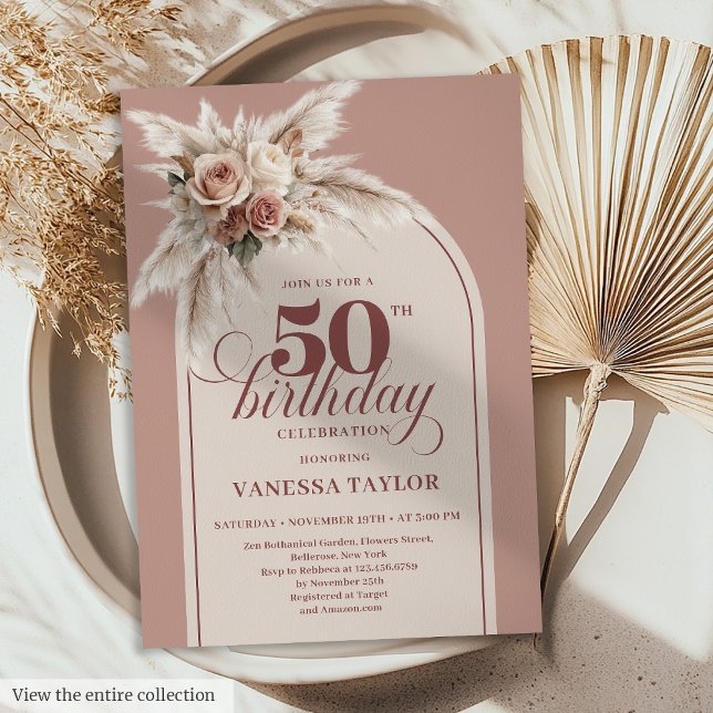 Fantastisk Boho Dammt Rosa Pampas Blommig 50-års F Inbjudningar (Fabulous Boho Dusty Pink Pampas Floral 50th Birthday)