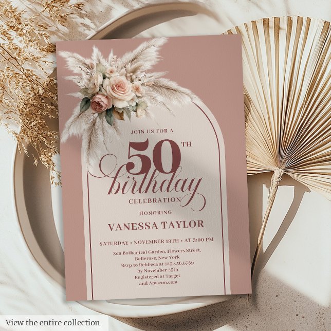 Fantastisk Boho Dammtrosa Pampas Blommig Femtio 50 Inbjudningar (Fabulous Boho Dusty Pink Pampas Floral Fifty Birthday)