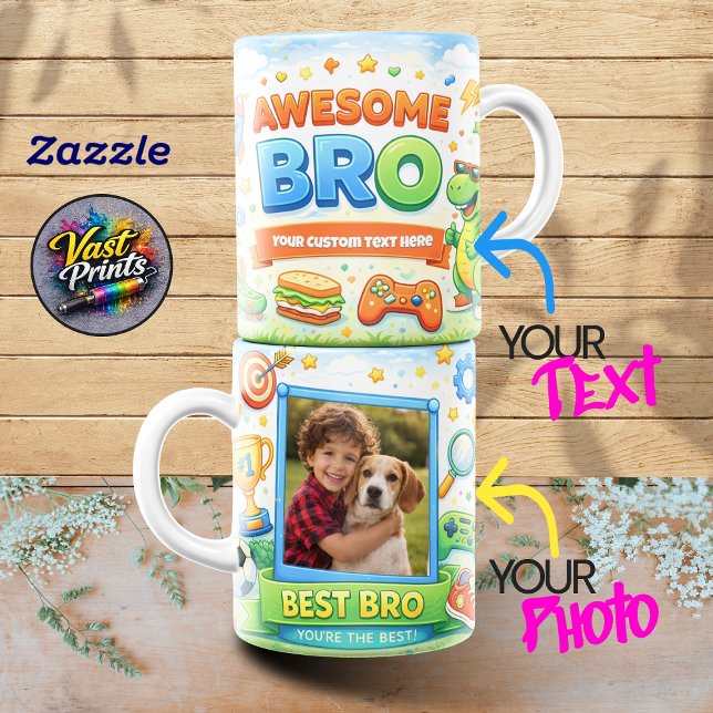 Fantastisk Bror Dinosaur Spel Anpassad Fotokollage Kaffemugg (Awesome Bro Dinosaur Gaming Custom Photo Collage Coffee Mug)