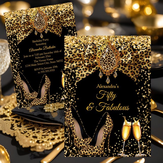 Fantastisk Champagne födelsedags Leopard Guld Högt Inbjudningar (Skapare uppladdad)