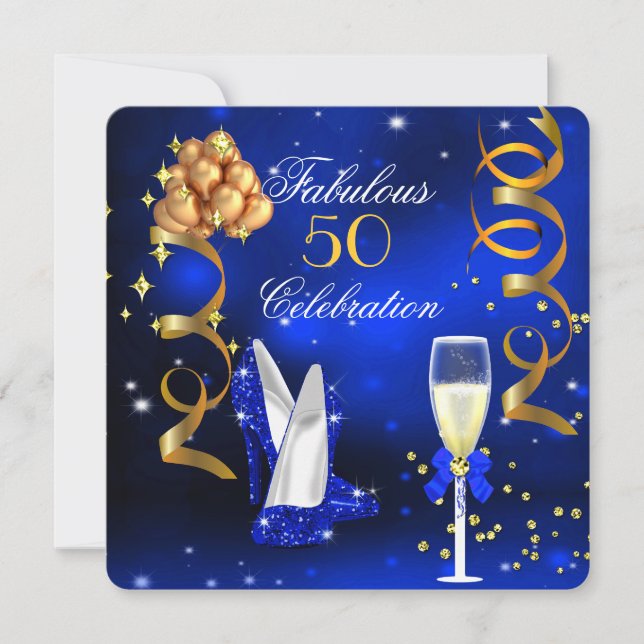 Fantastisk Champagnefest Stråblå Klackar Guld Inbjudningar (Framsida)
