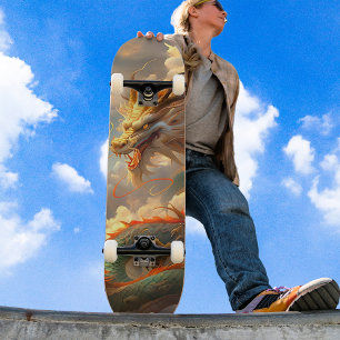 Fantastisk Dragon Soaring in Clouds Grönt Red Gold Mini Skateboard Bräda 18,5 Cm