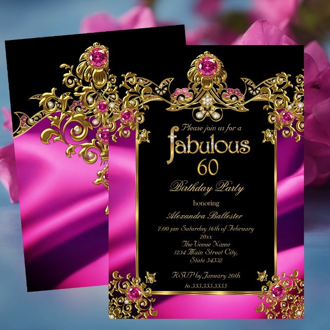 Fantastisk Elegant 60-års Födelsedag Fuchsia Guld  Inbjudningar (Skapare uppladdad)
