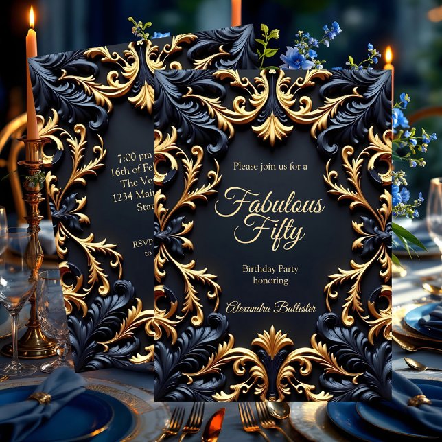 Fantastisk Elegant Födelsedagsfest Guld Blå Svart Inbjudningar (Skapare uppladdad)