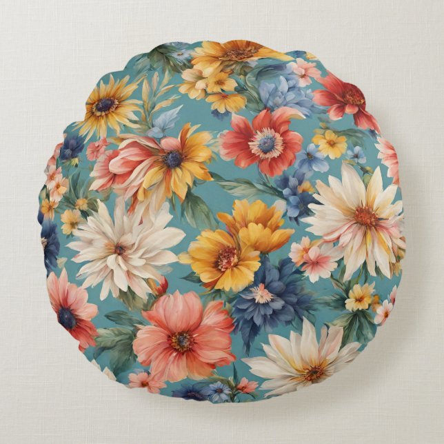 Fantastisk Elegant Gentle sommarblommor Rund Kudde (Framsidan)