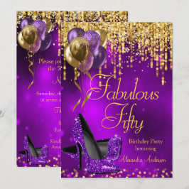 Fantastisk Femtio Fests Party Lila Glitter Guld Hö Inbjudningar