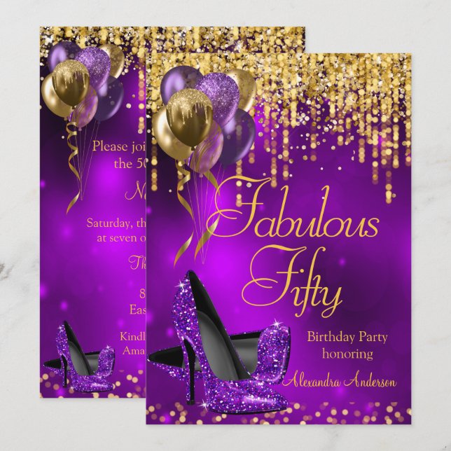 Fantastisk Femtio Fests Party Lila Glitter Guld Hö Inbjudningar (Fram/baksida)