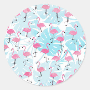 Fantastisk flamingos och monstera löv runt klistermärke