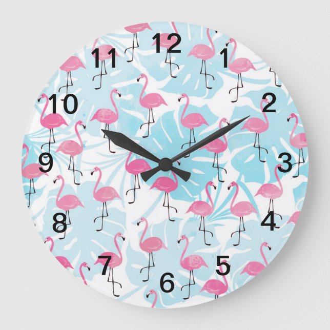 Fantastisk flamingos och monstera löv stor klocka (Framsida)