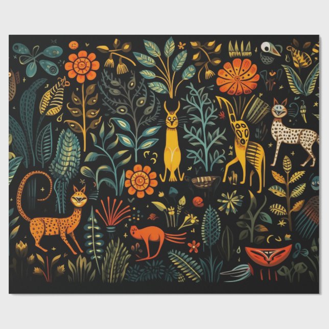Fantastisk flora och fauna i mörk presentpapper (Platt)