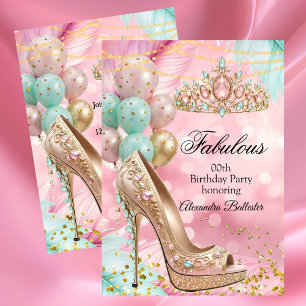 Fantastisk födelsedag Blush Rosa Teal Tiara Guld H Inbjudningar