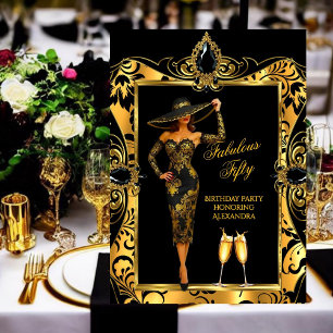 Fantastisk födelsedag Svart Guld Damast Champagne Inbjudningar