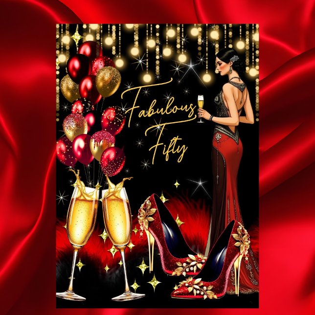 Fantastisk födelsedags röd glitter champagne klänn inbjudningar (Skapare uppladdad)