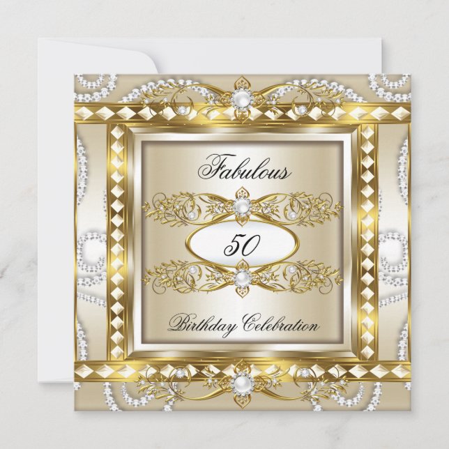 Fantastisk Födelsedagsfest Kräm Diamant Pärla Guld Inbjudningar (Framsida)