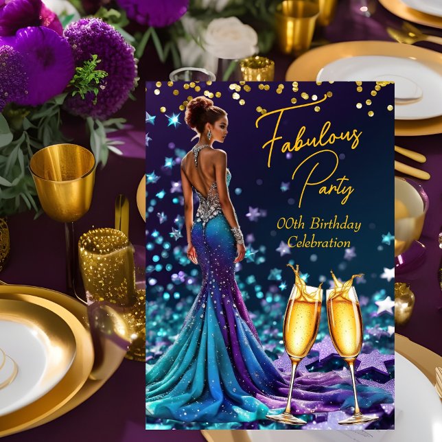 Fantastisk födelsedagsglitter lila teal champagne inbjudningar (Skapare uppladdad)