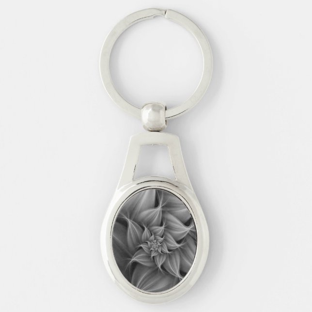 Fantastisk grå blomfraktal  ovalt silverfärgad nyckelring (Framsidan)