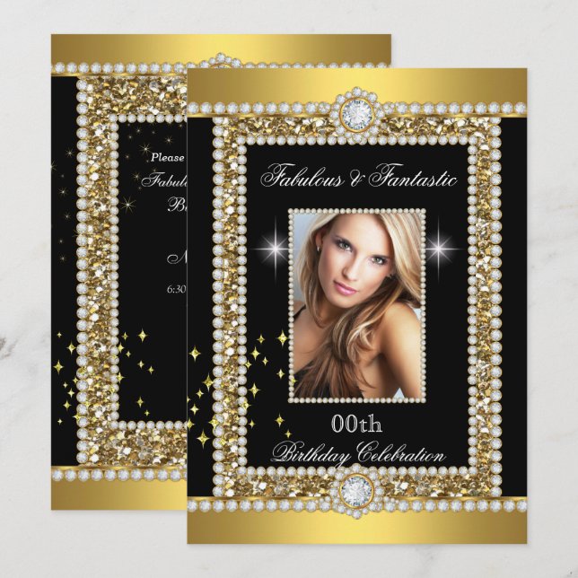 Fantastisk Guld Svart Glamour Hollywood Diamant Inbjudningar (Fram/baksida)