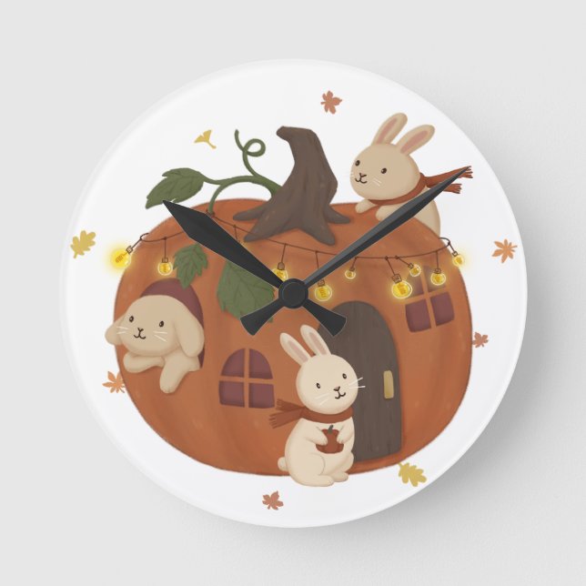 Fantastisk Hösten: Bunny & Pumpkin Rund Klocka (Framsida)