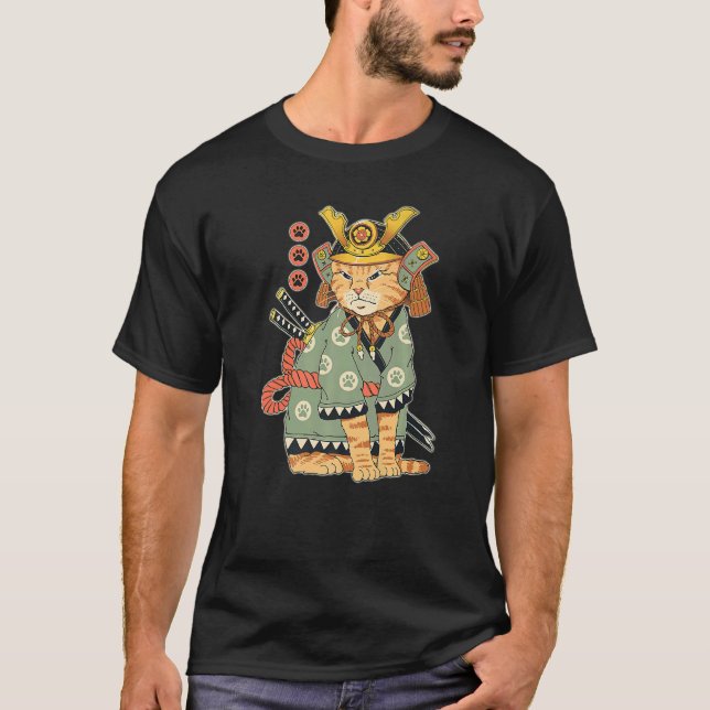 Fantastisk japanska samurai Cat Neko För manar Wom T Shirt (Framsida)