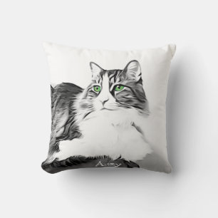 Fantastisk katt med stiliserad handmålad grönt öga kudde