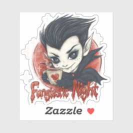 Fantastisk kväll. Cute vampyr med kopp i kaffe Klistermärken