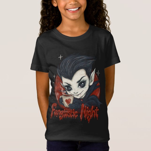 Fantastisk kväll. Cute vampyr med kopp på kaffe T Shirt (Framsida)
