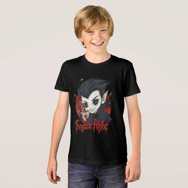 Fantastisk kväll. Cute vampyr med kopp på kaffe T Shirt (Framsida Full)