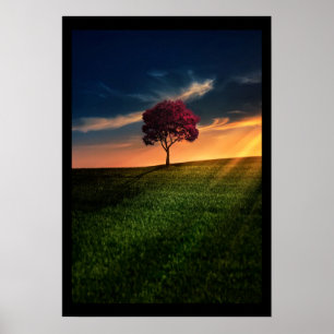 Fantastisk landskap med Röd Träd vid solnedgång Poster