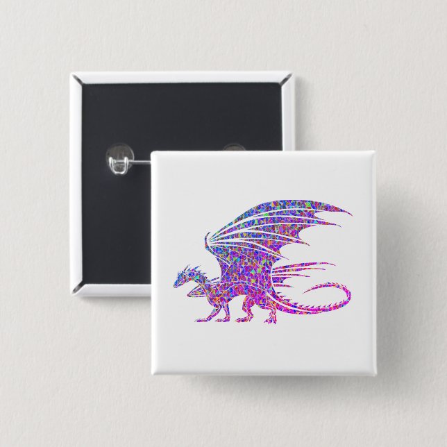Fantastisk Lila Mosaic Dragon på vitt Knapp (Framsida & baksida)