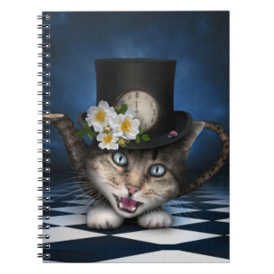 Fantastisk Mad Hatter Tekanna Cat Whimsical Design Anteckningsbok