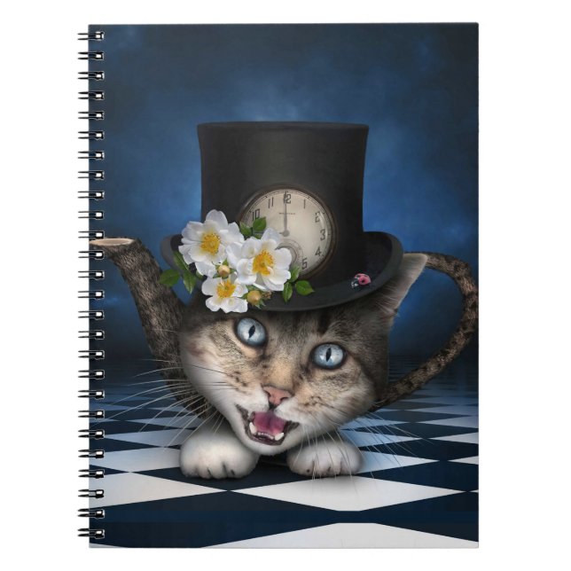 Fantastisk Mad Hatter Tekanna Cat Whimsical Design Anteckningsbok (Framsidan)