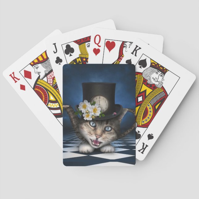 Fantastisk Mad Hatter Tekanna Cat Whimsical Design Casinokort (Baksidan)