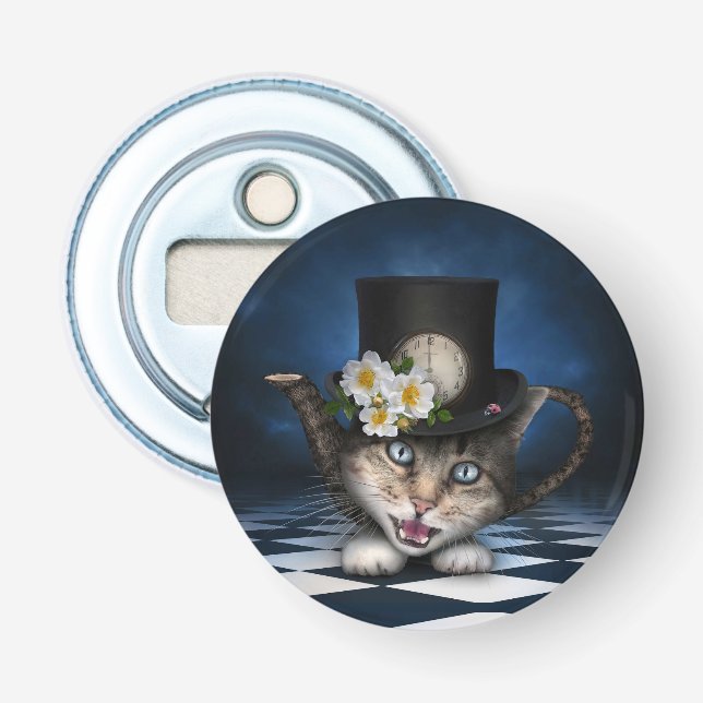 Fantastisk Mad Hatter Tekanna Cat Whimsical Design Flasköppnare (Framsidan)