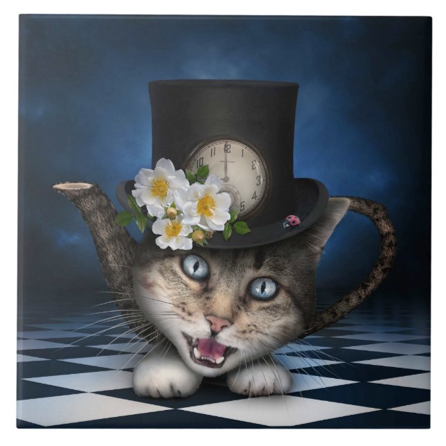 Fantastisk Mad Hatter Tekanna Cat Whimsical Design Kakelplatta (Framsidan)