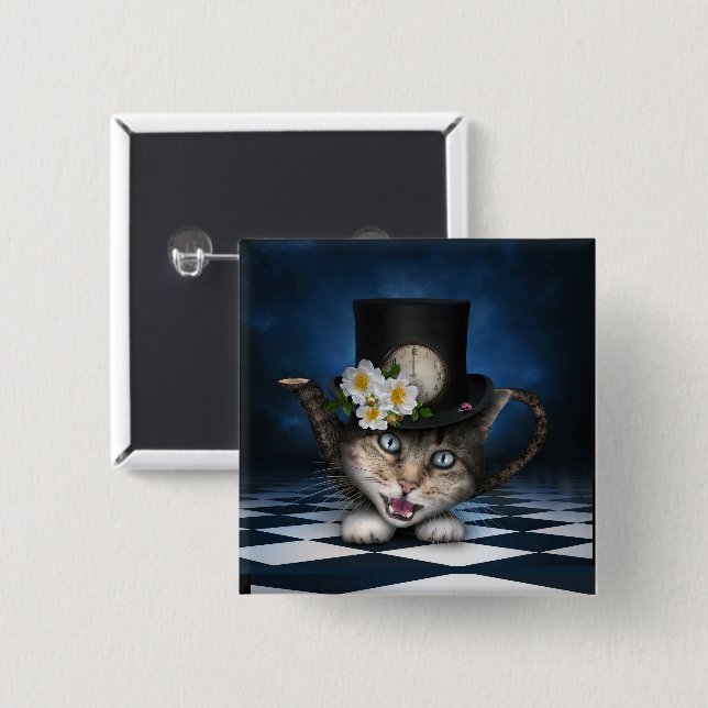 Fantastisk Mad Hatter Tekanna Cat Whimsical Design Knapp (Framsida & baksida)