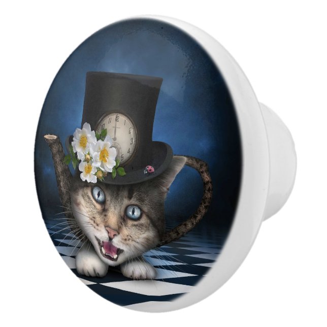 Fantastisk Mad Hatter Tekanna Cat Whimsical Design Knopp (Höger)