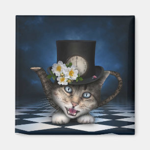 Fantastisk Mad Hatter Tekanna Cat Whimsical Design Magnet