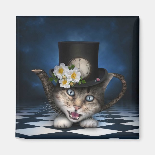Fantastisk Mad Hatter Tekanna Cat Whimsical Design Magnet (Framsidan)