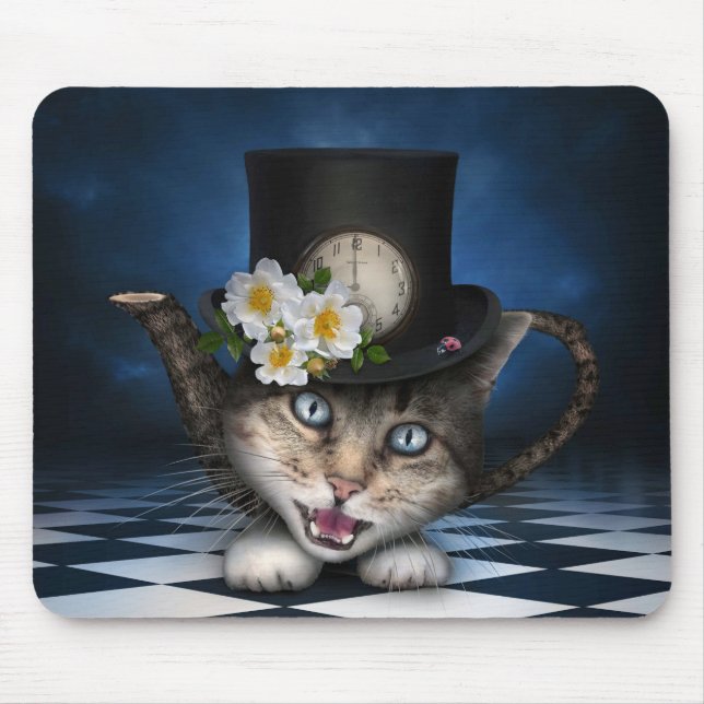 Fantastisk Mad Hatter Tekanna Cat Whimsical Design Musmatta (Framsidan)