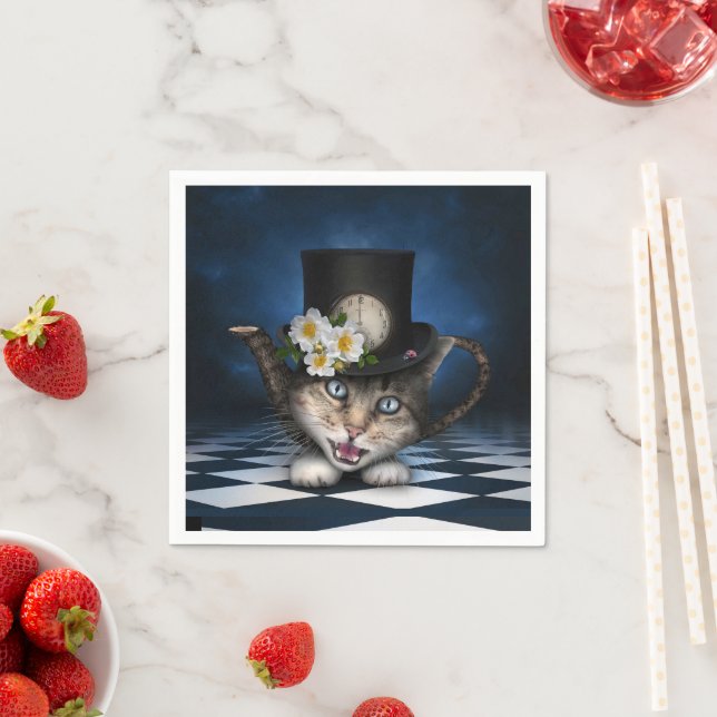 Fantastisk Mad Hatter Tekanna Cat Whimsical Design Pappersservett (Insitu)