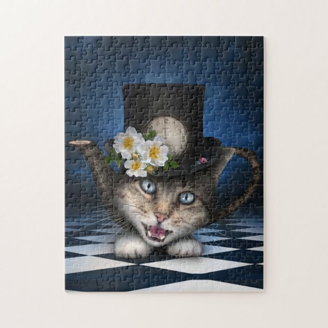 Fantastisk Mad Hatter Tekanna Cat Whimsical Design Pussel (Vertikal)