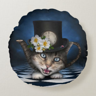 Fantastisk Mad Hatter Tekanna Cat Whimsical Design Rund Kudde