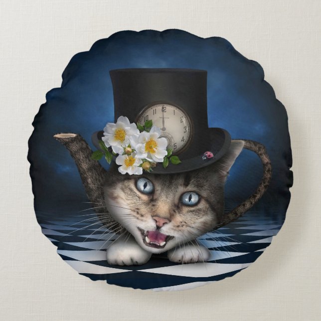 Fantastisk Mad Hatter Tekanna Cat Whimsical Design Rund Kudde (Framsidan)
