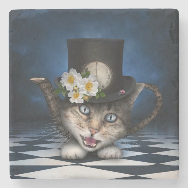 Fantastisk Mad Hatter Tekanna Cat Whimsical Design Stenunderlägg (Framsidan)