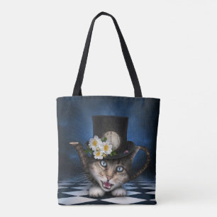 Fantastisk Mad Hatter Tekanna Cat Whimsical Design Tygkasse