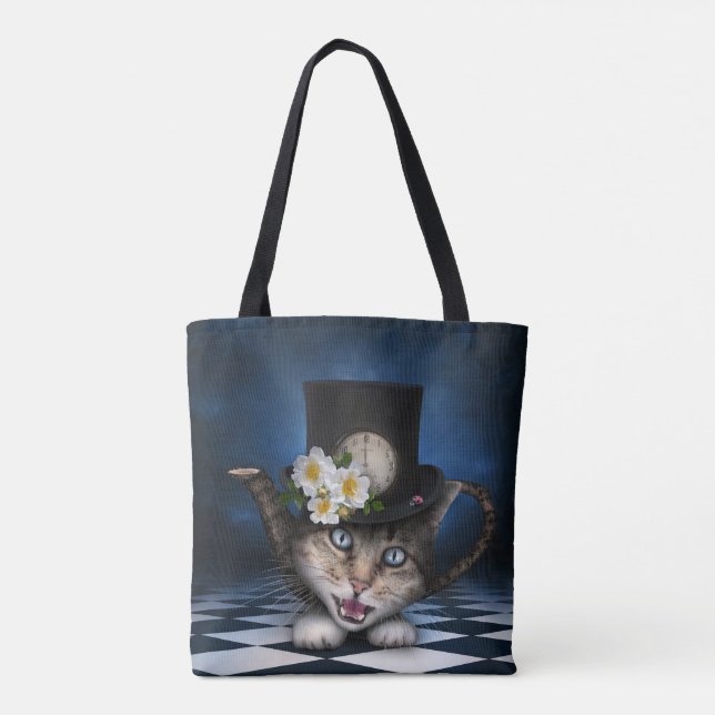 Fantastisk Mad Hatter Tekanna Cat Whimsical Design Tygkasse (Baksida)