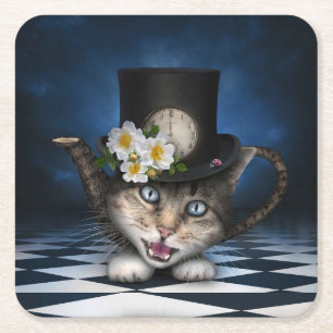 Fantastisk Mad Hatter Tekanna Cat Whimsical Design Underlägg Papper Kvadrat