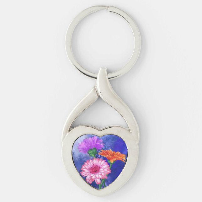 Fantastisk målning med tre Färg-Gerberas Keychain Twisted Heart Silverfärgad Nyckelring (Framsidan)