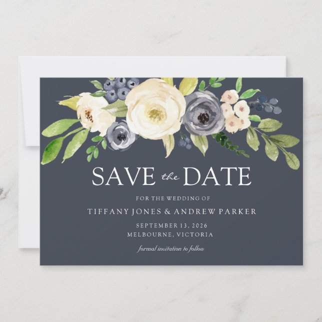Fantastisk marin och vit vattenfärgsblommor Bröllo Spara Datumet (Framsida)