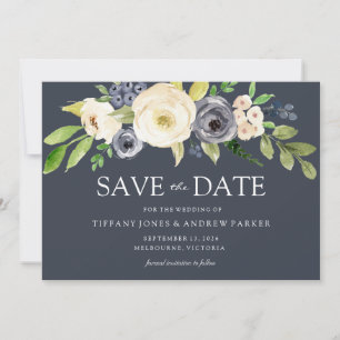 Fantastisk marin och vit vattenfärgsblommor Bröllo Spara Datumet